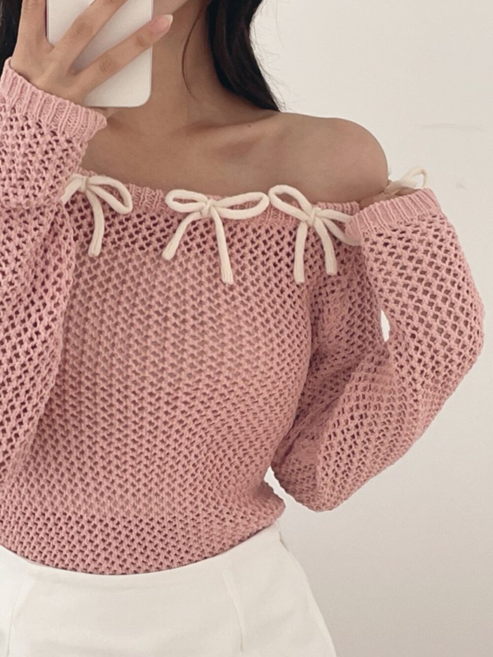 Pink Casual Women's Bow Contrast Color Fitted Cold Shoulder Long Sleeve Pullover - Picture 4 of 8